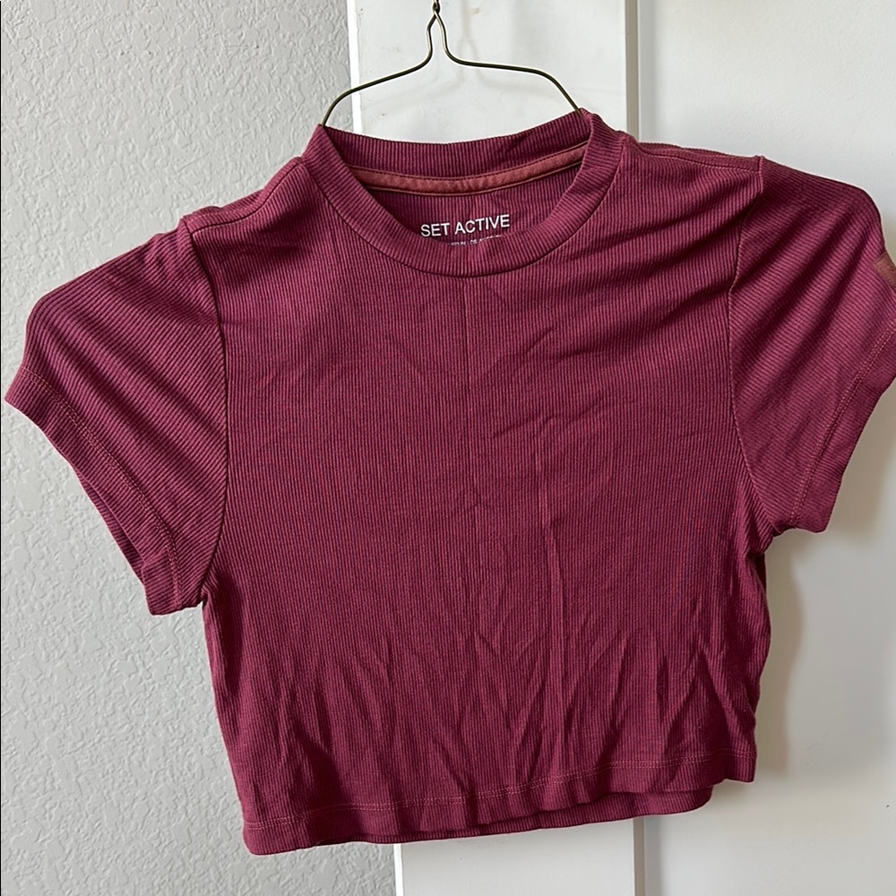 SET Active Burgundy Fitted Crop Workout Top